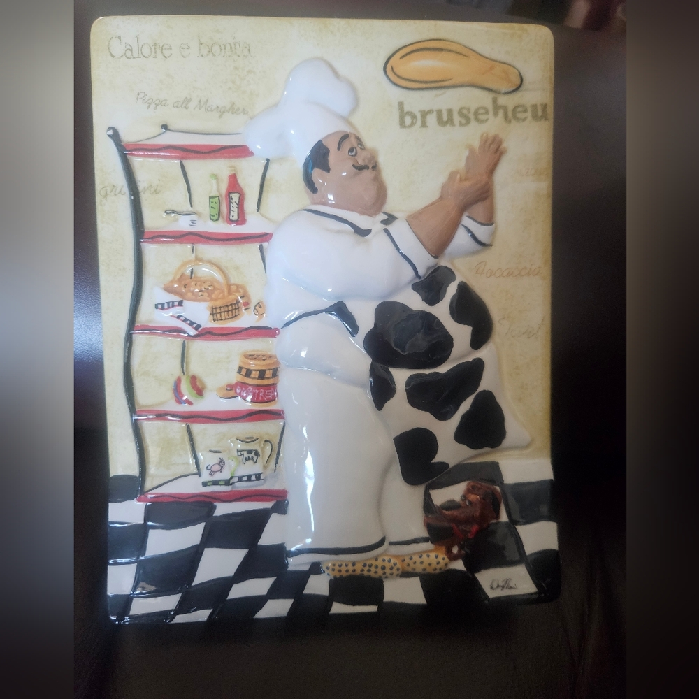 Vintage Dena Marie Chef Wall Plaque Italian Chef Tossing Pizza